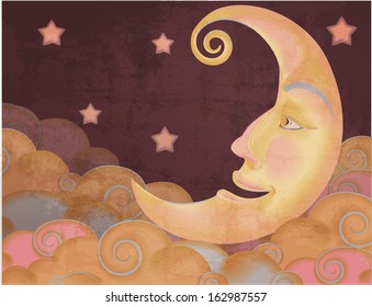 Retro style half moon, clouds and stars illustration