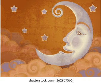 Retro style half moon, clouds and stars illustration