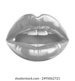 Retro style halftone vector abstract female woman lips. Modern Dotted gradient vector, black halftone polka backdrop, horizontal seamless circle dotted lines, monochrome dots texture popart effect