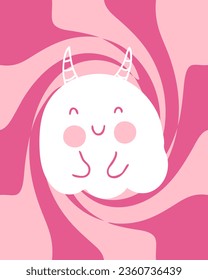 Retro style Halloween ghost with horns on distorted trippy swirl background. Perfect print for tee, poster, card, sticker. Hand drawing vector illustration.
