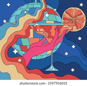 retro style, hand with cocktail, bright colors, disco party