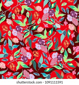 Retro style hand drawn beautiful flowers classic design with bright background seamless pattern vector