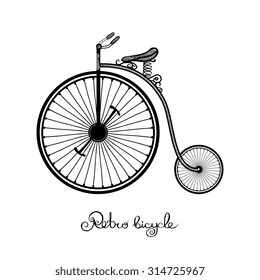 Retro style hand drawn circus bicycle with big front wheel vector illustration