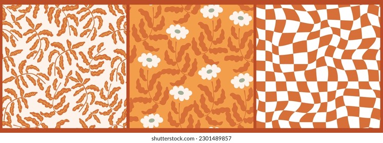 Retro style hand drawn flowers, leaves and checkerboard seamless pattern. Minimal hand drawn vector print set.