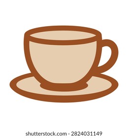 Retro style hand drawn icon of a hot cup of coffee or hot chocolate with saucer. Isolated on white. Perfect for cafe menu, web design, or branding.
