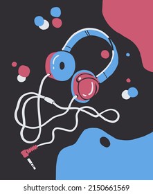 Retro style hand drawn picture with headphones on dark background