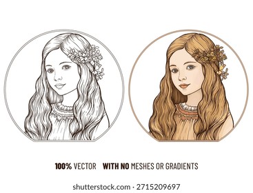Retrato dibujado a mano del estilo retro de una muchacha con la flor en el pelo. Perfecto para impresiones vintage, empaques, tarjetas de felicitación o arte digital. 100 por ciento de Vector, sin Gradientes ni efectos de malla.