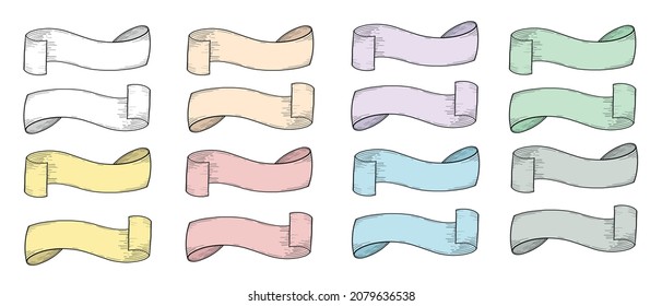 Retro Style Hand Drawn Ribbon Banners Set. Pastel Colors Banners Templates. Graving Style Vintage Banners for Graphic Designs. Isolated on White Background.