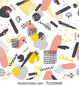 Retro style hand drawn seamless pattern  with abstract shapes. Trendy endless geometric background. Tiling repeat ink texture.