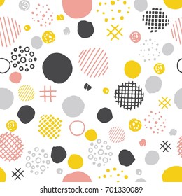 Retro style hand drawn seamless pattern with circles, dots. Trendy endless geometric background. Tiling repeat ink texture.