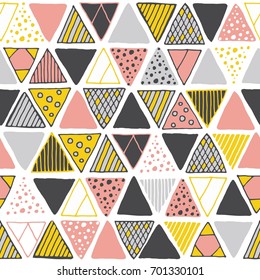 Retro style hand drawn seamless pattern with triangles. Trendy endless geometric background. Tiling repeat ink texture.