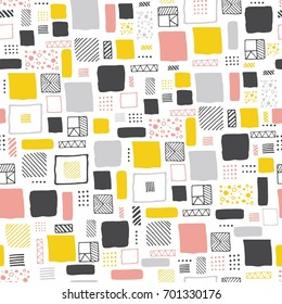Retro style hand drawn seamless pattern with squares. Trendy endless geometric background. Tiling repeat ink texture.