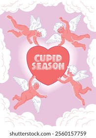 Retro style hand drawn Valentine's Day card featuring cupids supporting a heart with text surrounded by light clouds. Cute characters for a romantic holiday.