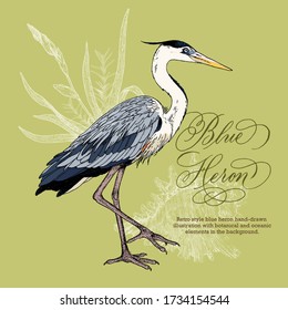 Retro style hand-drawn blue heron and seashell vector illustration with botanical and oceanic elements.
