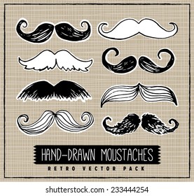 Retro Style Hand-Drawn Moustaches Vector Set with Crosshatch Seamless Background