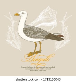 Retro style hand-drawn seagull and seashell vector illustration with botanical decorative elements.