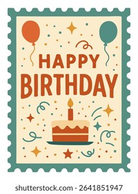 Retro style Happy Birthday postage stamp with cake, balloons, confetti, and sparkles in warm vintage colors. Perfect for greeting cards, party invitations, packaging, and festive decorations