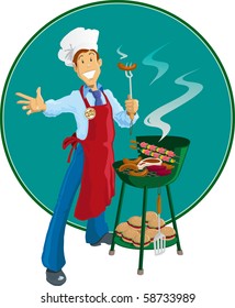 Retro style happy chef with apron and chef's hat cooking various meats on small barbeque grill. All elements on separate layers for easy editing.