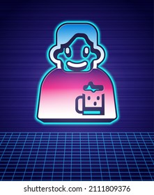 Retro style Happy man with beer icon isolated futuristic landscape background. 80s fashion party. Vector