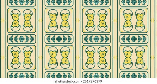 Retro Style Hatching Chicks Pattern with Green and Yellow Tones