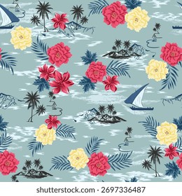 estilo retrô Hawaii padrão sem emenda com fundo de montanha