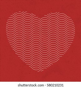 Retro Style Heart Background Made with Horizontal Repeating Wavy Lines - White Grunge Elements on Red Rough Paper Backdrop - Vector Vintage Illusion Graphics