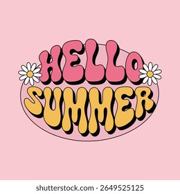 Retro style hello summer typography with daisy flowers against a pink background