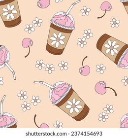 Retro style hippie a cup of coffee to go cherry crema capuccino floral vector seamless pattern. Groovy coffee background.