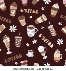 Retro style hippie floral cup of coffee to go capuccino latte macchiato vector seamless pattern. Groovy coffee dark background.