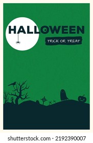 Retro style horror movie style Halloween poster. Green background and black trees and graveyard, pumpkin and ghost. Template for Halloween party, sales or other invitation. Vertical banner template. 