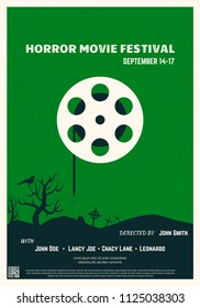 Retro style horror movie poster. Green background and black trees and graveyard. Film festival poster. Big movie theater reel and text placeholder. Template for movie banner or poster in retro colors.