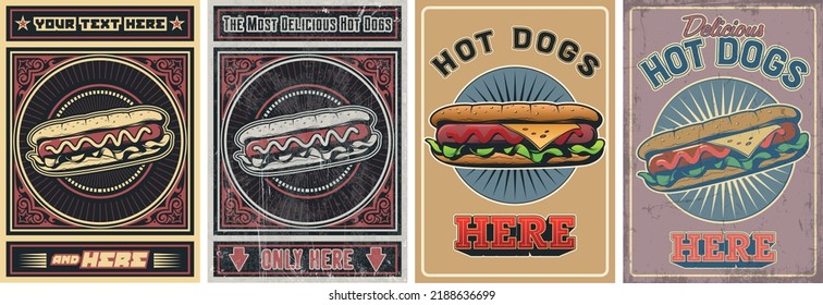 Retro Style Hot Dog Advertising Posters Set