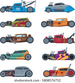 Retro Style Hot Rod Race Cars, Old Sports Automobiles Vector Illustration on White Background