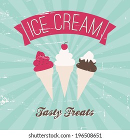 Retro style ice cream cones poster in blue, pink, white and brown.