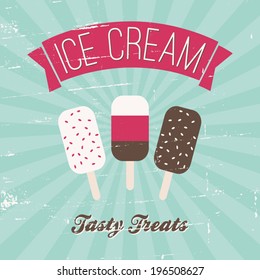 Retro style ice cream poster in blue, pink, white and brown.