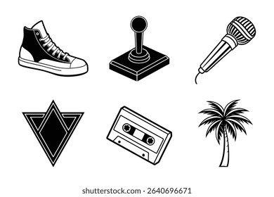 Retro style icon set featuring sneaker, joystick, microphone, geometric shape, cassette, and palm tree illustrations