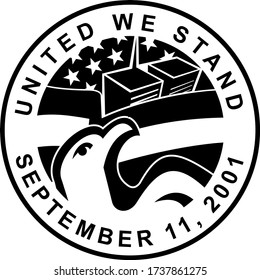 Retro style illustration of an American Eagle and World trade Center WTC building with USA star spangled banner or stars and stripes flag with words United We Stand September 11, 2001 911.