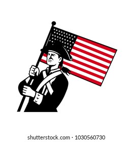 Retro style illustration of an American patriot or minuteman holding a star spangled banner or stars and stripes USA flag on isolated background.