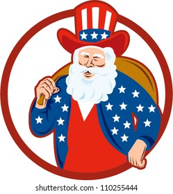 Retro style illustration of american santa claus saint nicholas father christmas uncle sam on isolated white background set inside circle.
