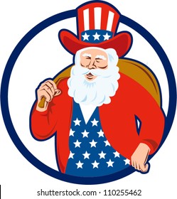 Retro style illustration of american santa claus saint nicholas father christmas uncle sam on isolated white background set inside circle.