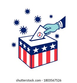 Retro style illustration of an American voter with glove hand voting during pandemic covid-19 coronavirus lockdown putting vote into ballot box with USA stars and stripes flag on isolated background.