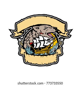 Retro style illustration of an angry seawolf or wolf head with galleon pirate ship below it framed from ribbon and banner on isolated background in full color.