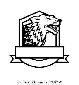 Retro style illustration of an angry wolf growling set inside crest shield with banner done in black and white on isolated background.