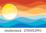 Retro style illustration background of sunset or sunrise over blue gradient ocean
