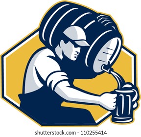 Retro style illustration of a bartender pouring keg barrel of beer into mug set inside hexagon on isolated white background.