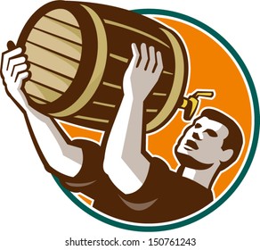 Retro style illustration of a bartender pouring keg barrel of beer drinking set inside circle on isolated white background.