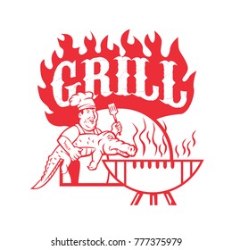 Retro style illustration of a bbq chef carrying a gator to  barbecue grill with words Grill on isolated background.
