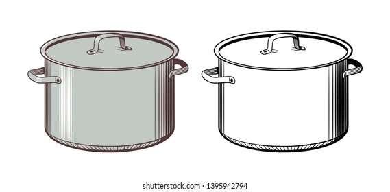 Retro style illustration of big metallic pots. Black and white and colored version