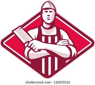 Retro style illustration of a butcher cutter worker with meat cleaver knife facing front set inside diamond on isolated background.