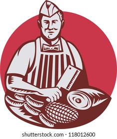 Retro style illustration of a butcher cutter worker with meat cleaver knife facing front set inside circle on isolated background.
